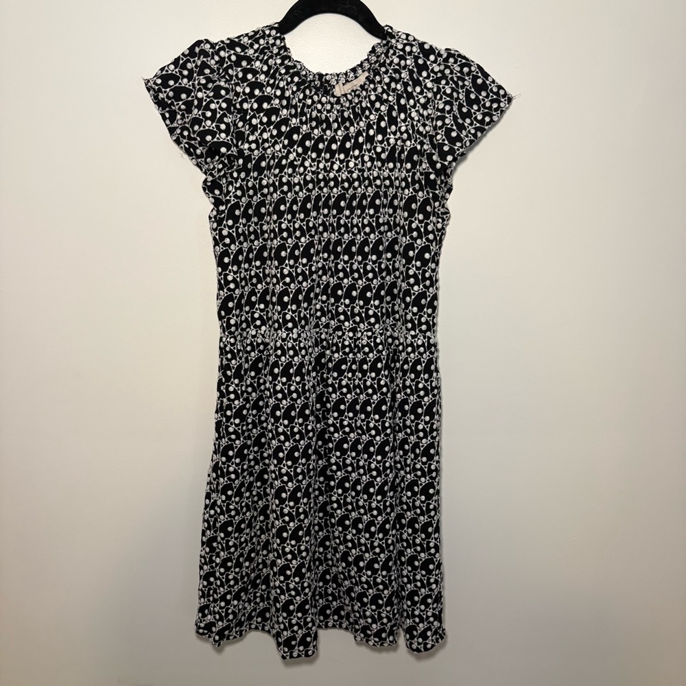 LOFT Eyelet Smocked Yoke Dress Black White Tiered Lace Workwear Business Casual